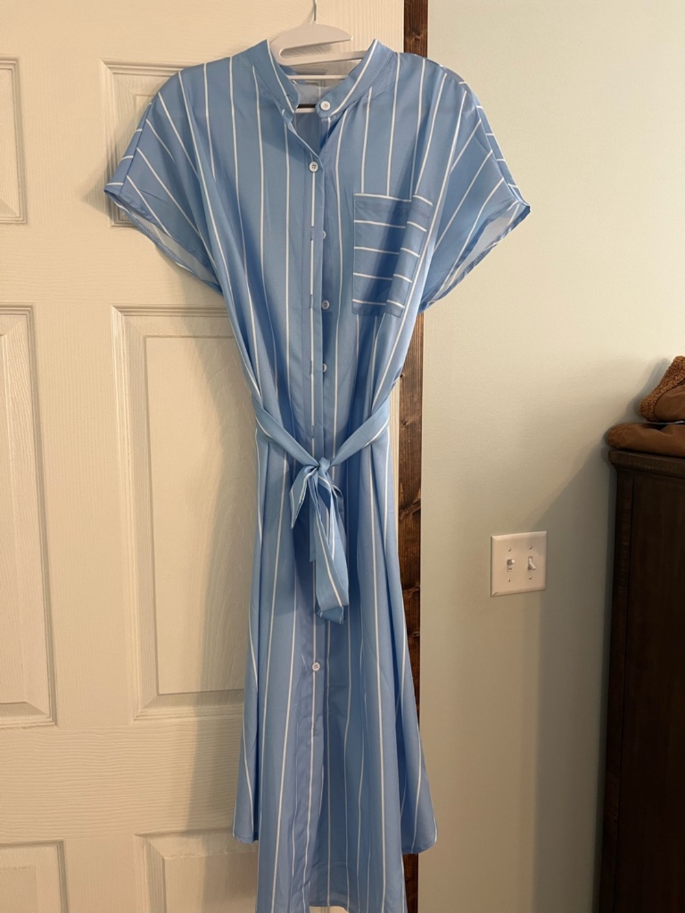 Light Blue Stripe Tie-Waist Shirt Dress